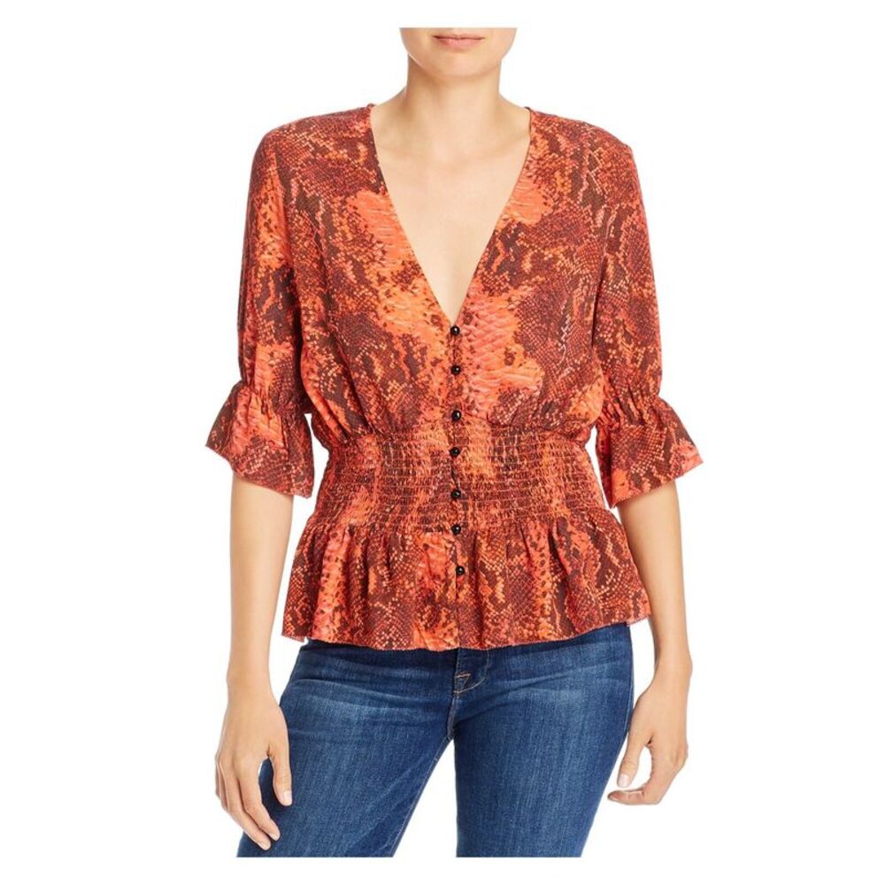 NOTES Womens Red Ruffled Elbow Sleeve Smocked Animal Print V Neck Top Size: 42